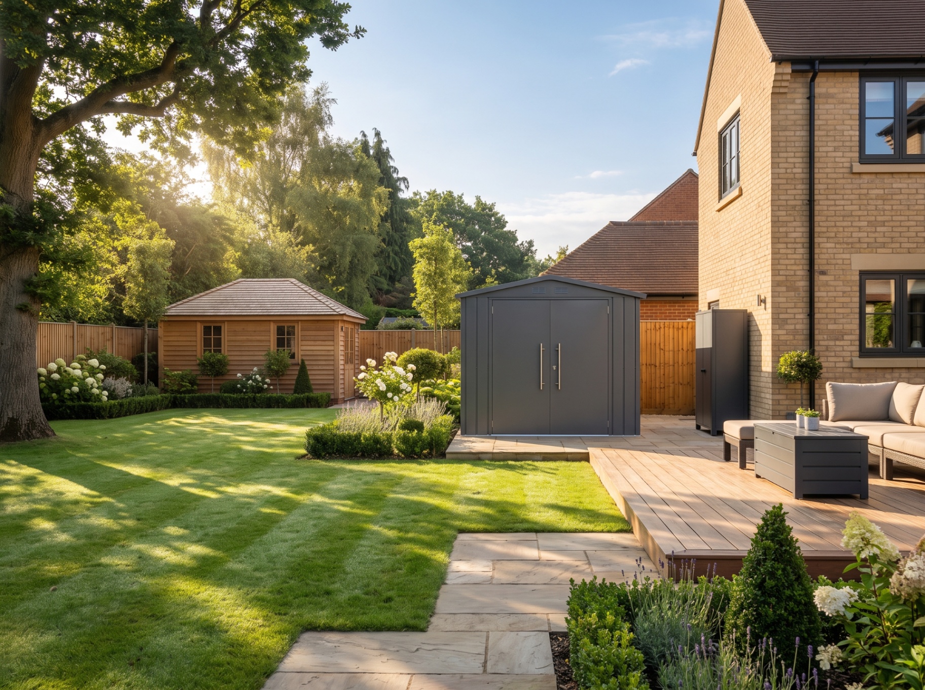 A beautiful British family garden with lawn, flowers and a premium wooden garden shed in warm natural daylight